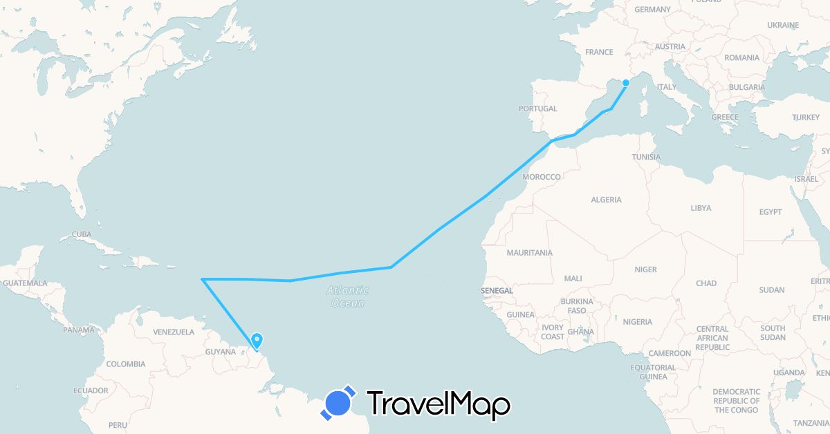 TravelMap itinerary: boat in Spain, France, French Guiana, Guadeloupe (Europe, North America, South America)